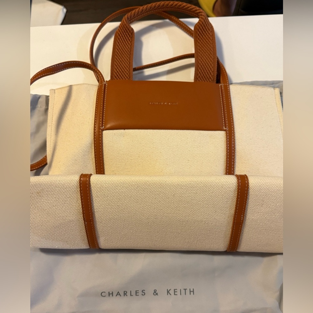 Charles & Keith Beige and Brown Canvas Tote Bag - Picture 6 of 6